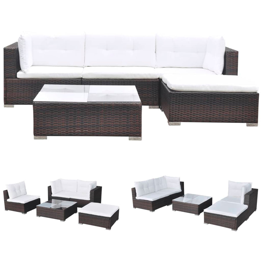 5-delige Loungeset met kussens poly rattan bruin