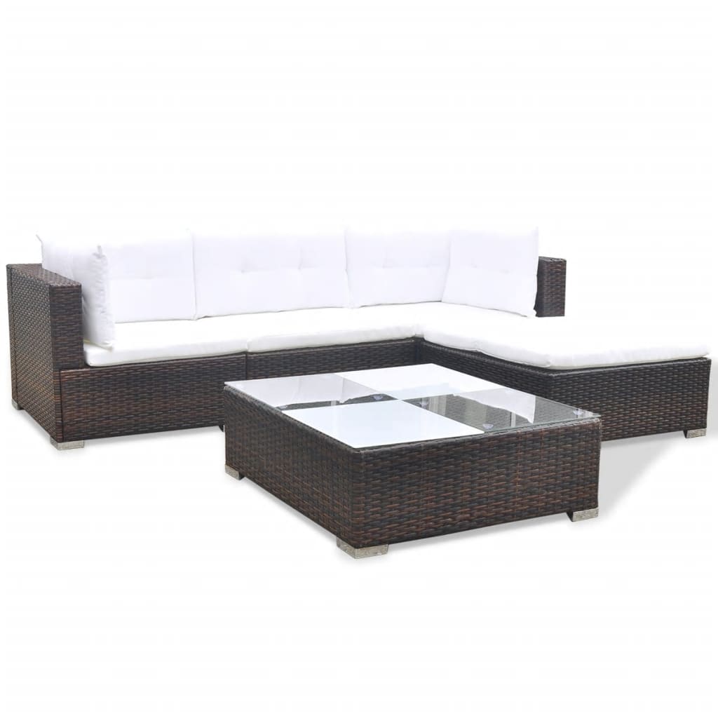 5-delige Loungeset met kussens poly rattan bruin