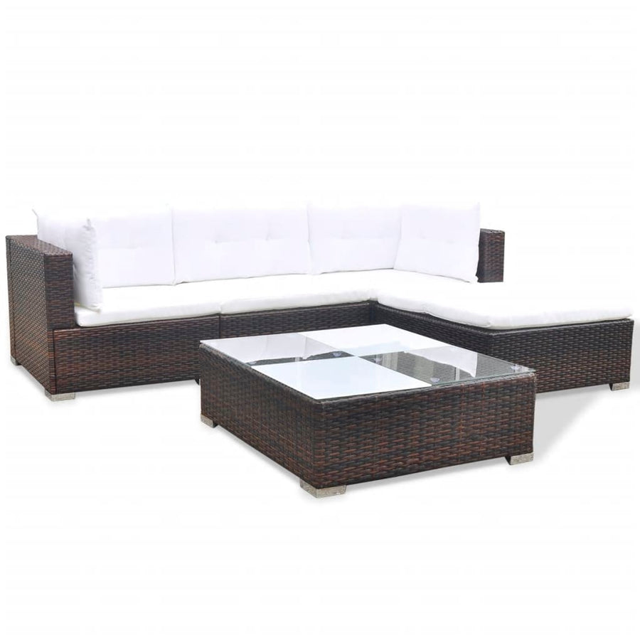 5-delige Loungeset met kussens poly rattan bruin