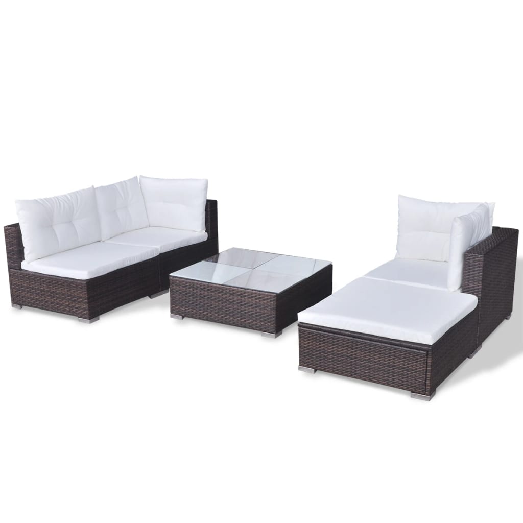 5-delige Loungeset met kussens poly rattan bruin