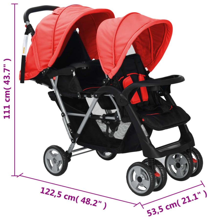 Kinderwagen Dubbel Staal En Zwart Rood