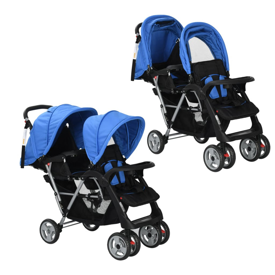 Kinderwagen dubbel staal blauw en zwart Blauw