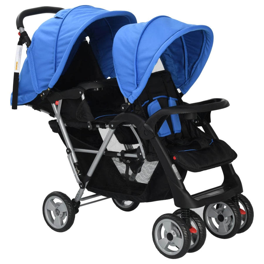 Kinderwagen dubbel staal blauw en zwart Blauw