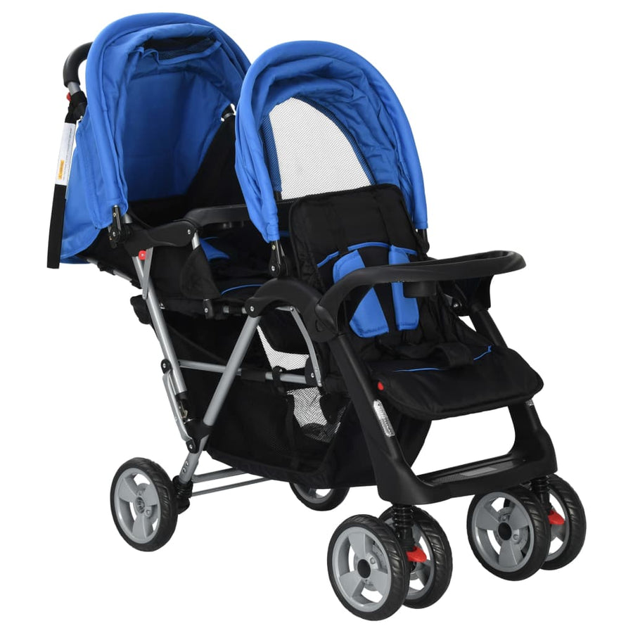 Kinderwagen dubbel staal blauw en zwart Blauw