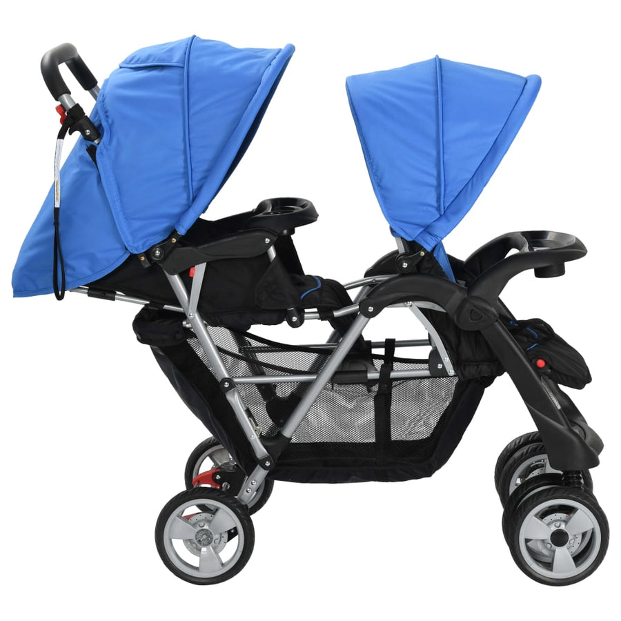 Kinderwagen dubbel staal blauw en zwart Blauw