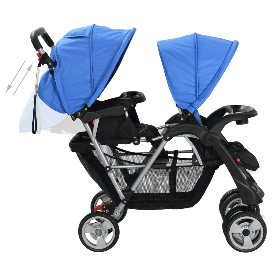 Kinderwagen dubbel staal blauw en zwart Blauw