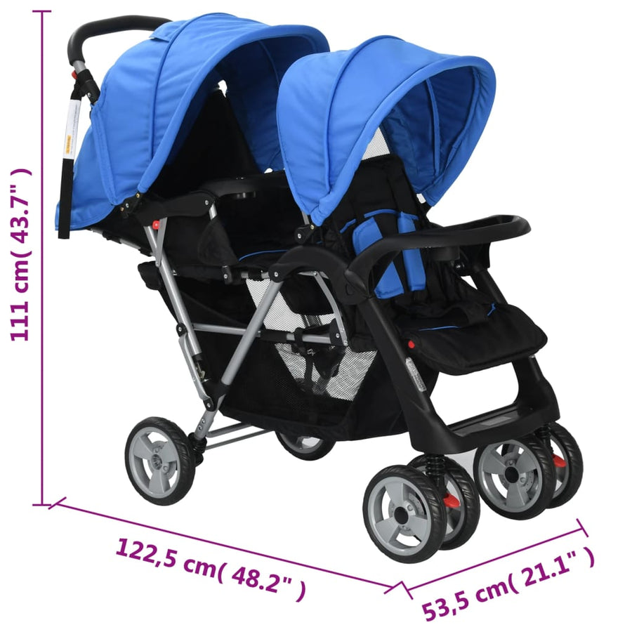 Kinderwagen dubbel staal blauw en zwart Blauw