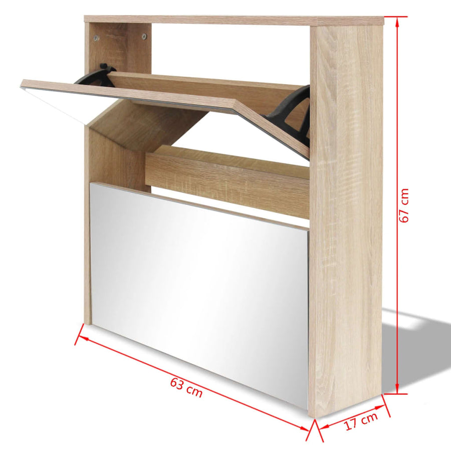 Schoenenkast Tweelaags Met Spiegel 63 x 17 x 67 cm Eiken