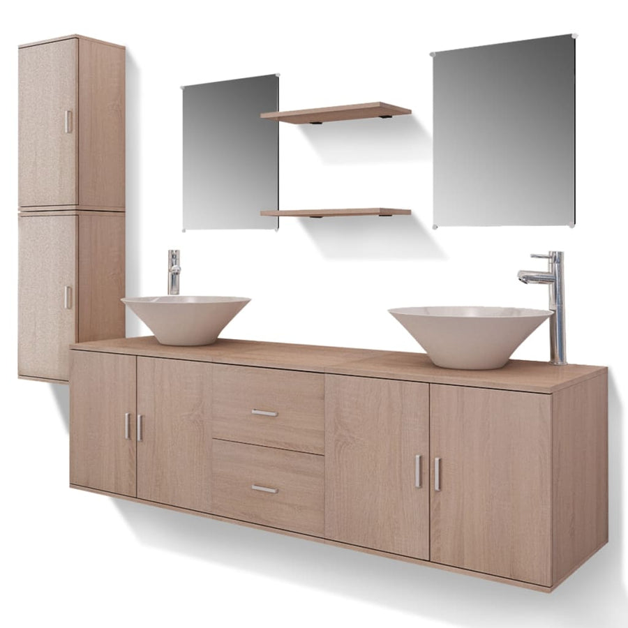 11-delige Badkamermeubelset met wastafel en kraan beige Beige