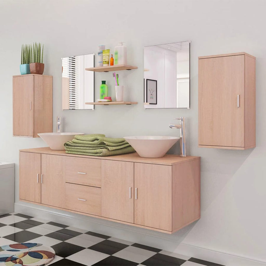 11-delige Badkamermeubelset met wastafel en kraan beige Beige