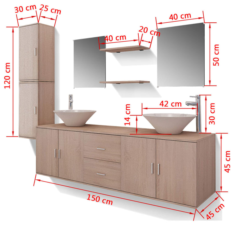 11-delige Badkamermeubelset met wastafel en kraan beige Beige