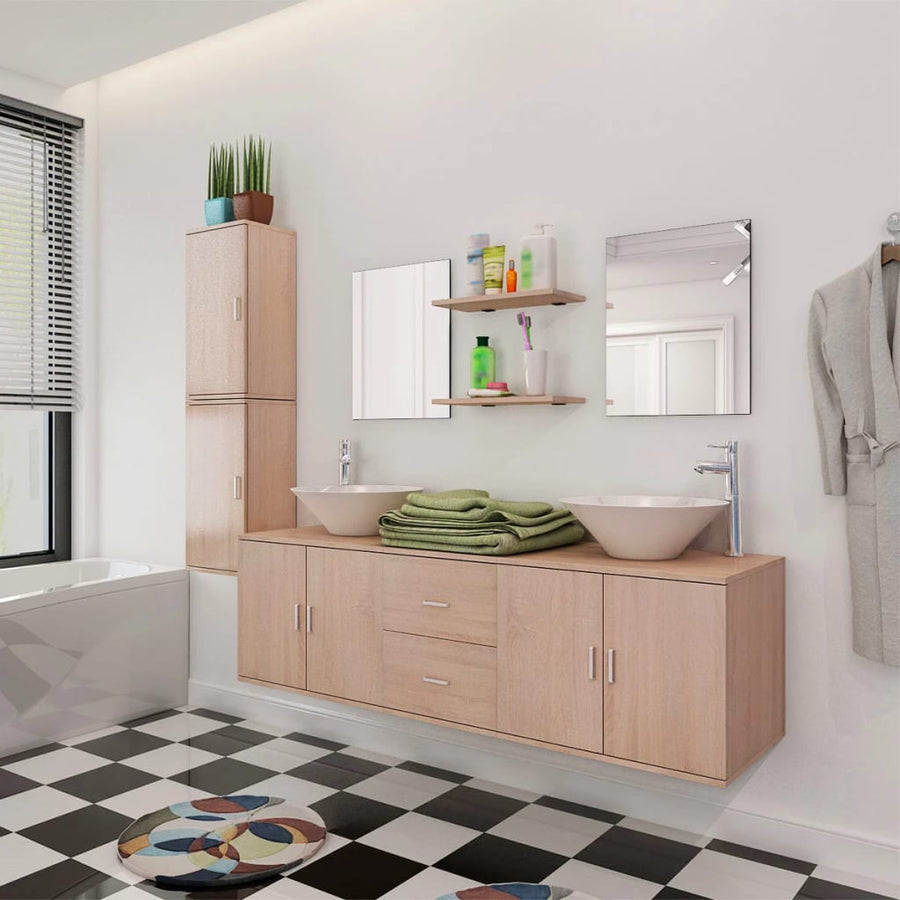 11-delige Badkamermeubelset met wastafel en kraan beige Beige