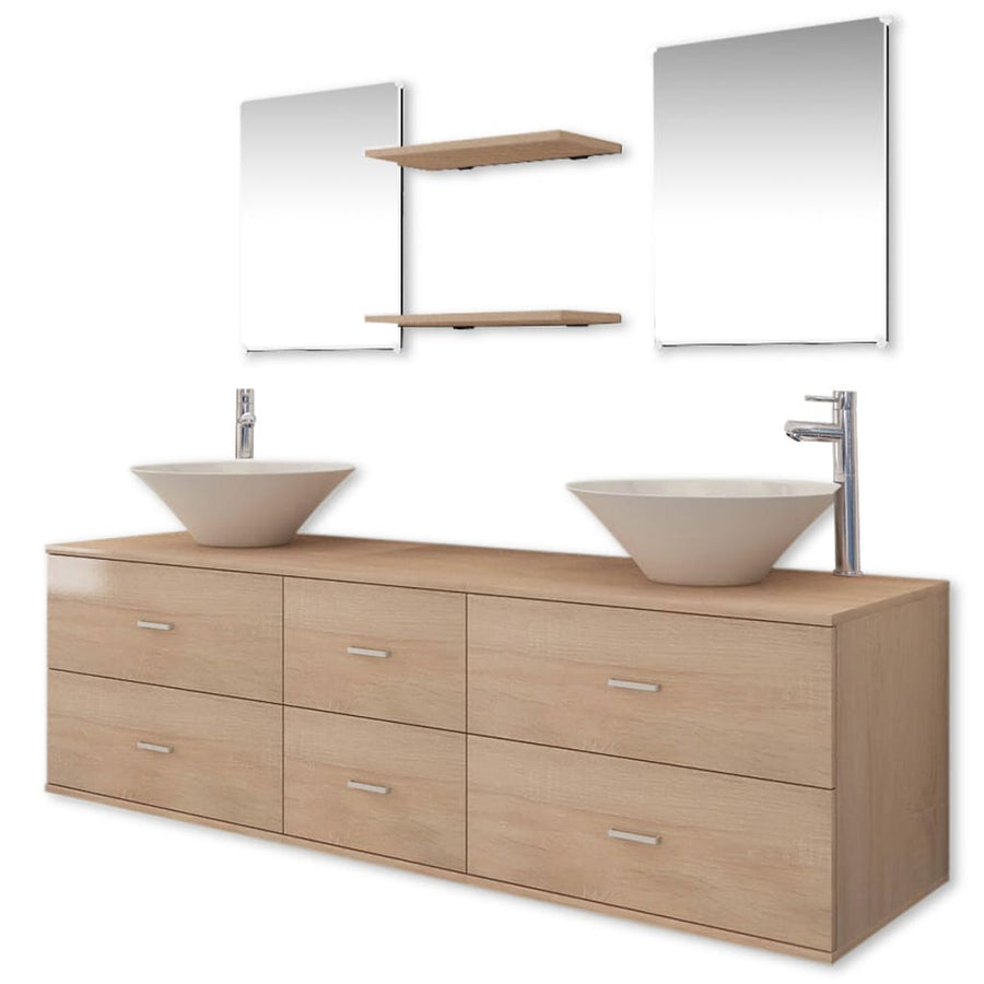 Badkamermeubelset 9-Delig Met Kraan En Wasbak Beige Model 3
