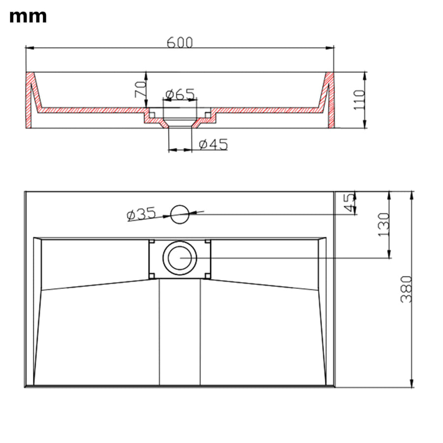 Wastafel 60x38x11 cm mineraal gegoten/marmer gegoten wit 60 x 38 x 11 cm