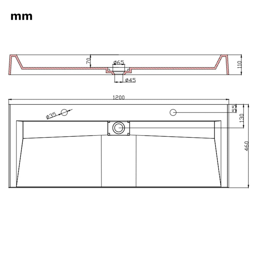 Wastafel 120x46x11 cm mineraal gegoten/marmer gegoten wit 120 x 46 x 11 cm (2 gaten)