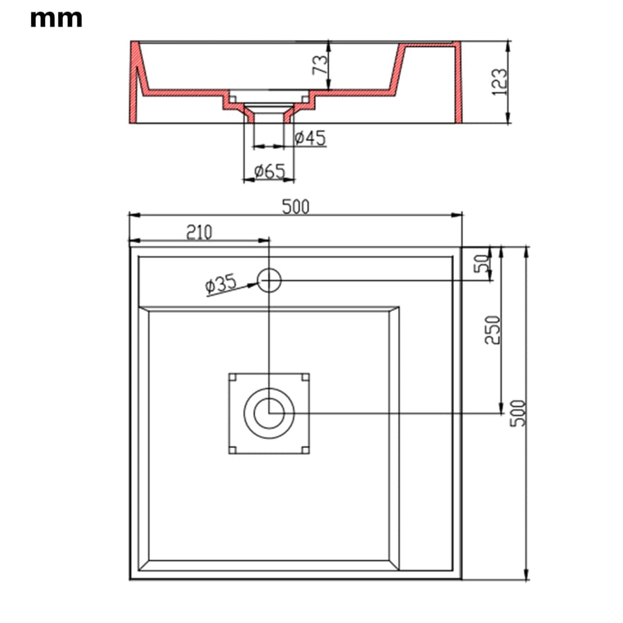 Wastafel 50x50x12,3 cm mineraal gegoten/marmer gegoten wit 50 x 50 x 12.3 cm