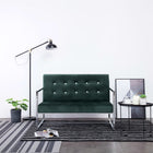 Two-seater sofa with chrome armrests and dark green velvet