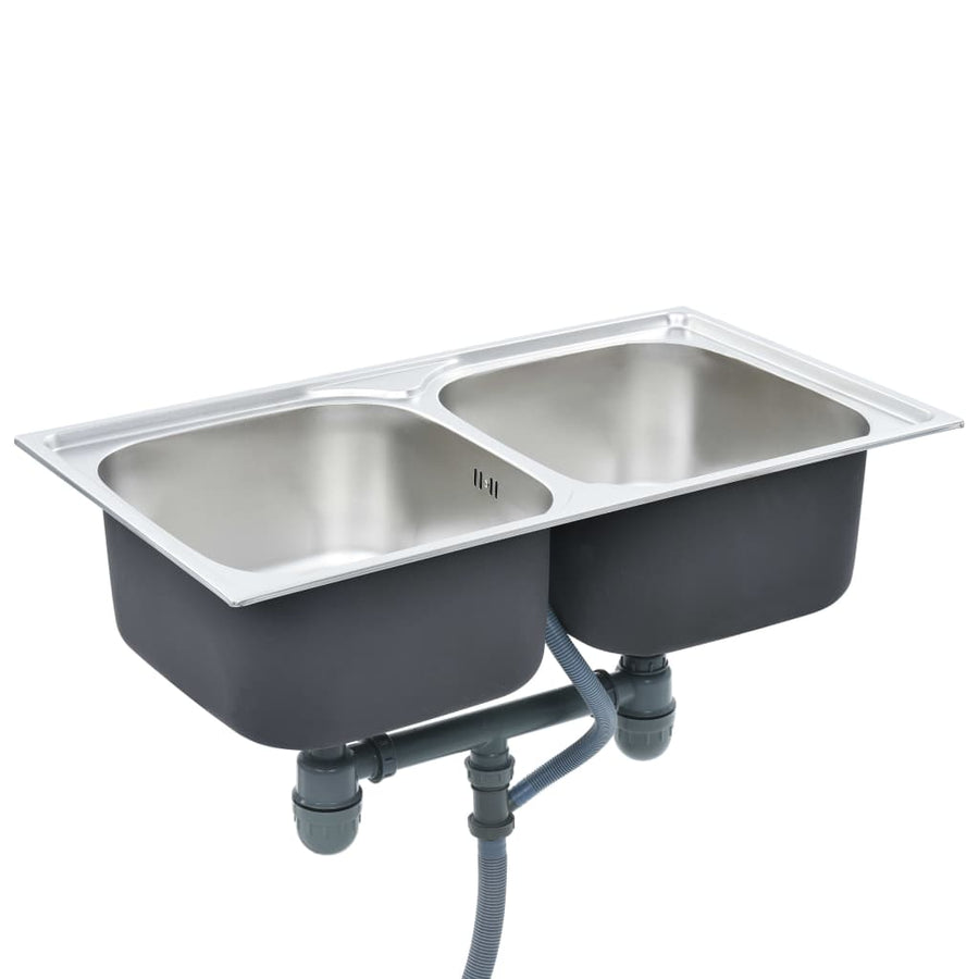 Gootsteen dubbele bak met afvoer en zwanenhals roestvrij staal 84 x 48 x 22 cm