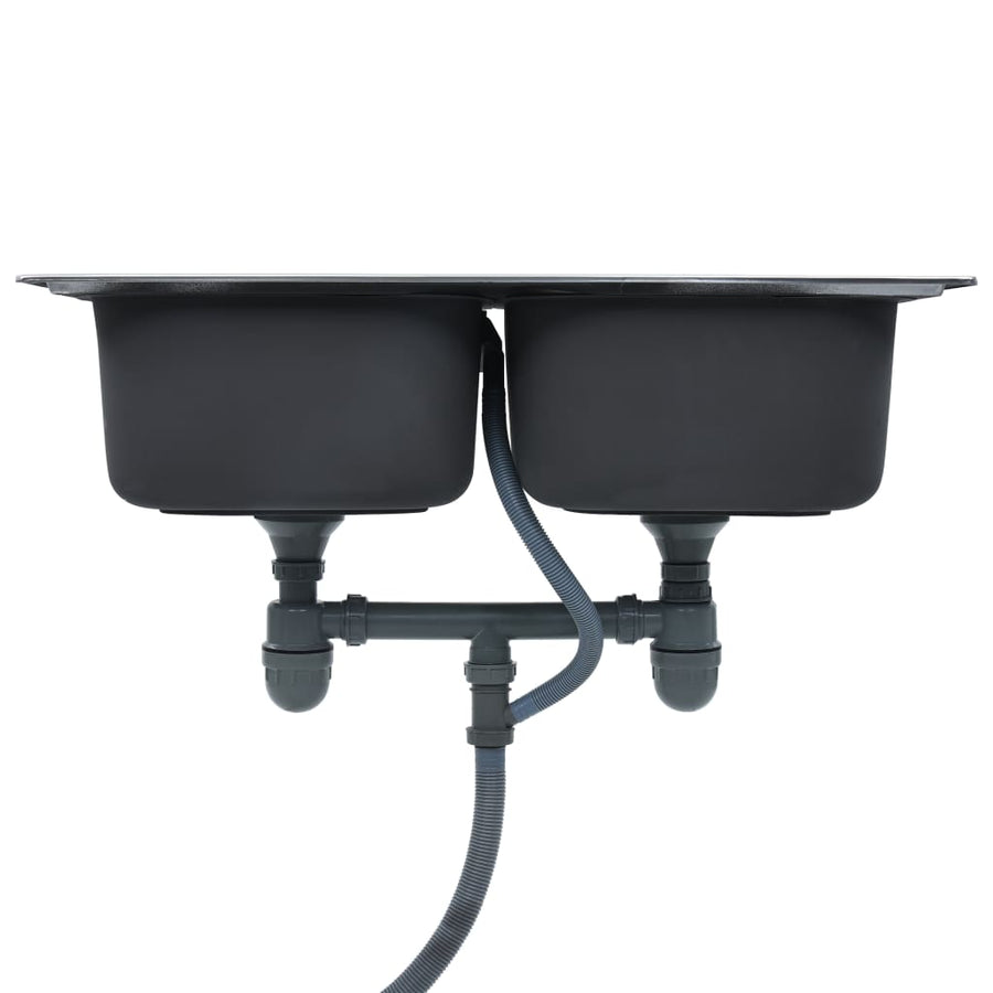 Gootsteen dubbele bak met afvoer en zwanenhals roestvrij staal 84 x 48 x 22 cm