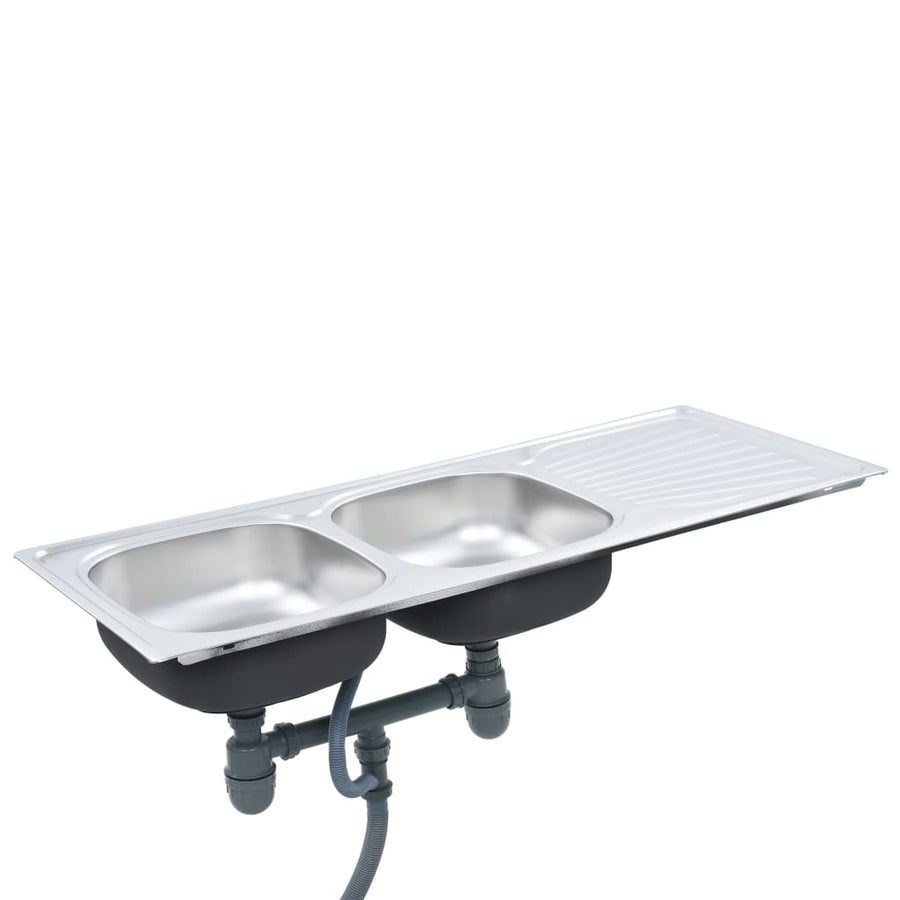 Gootsteen dubbele bak met afvoer en zwanenhals roestvrij staal 120 x 50 x 16 cm