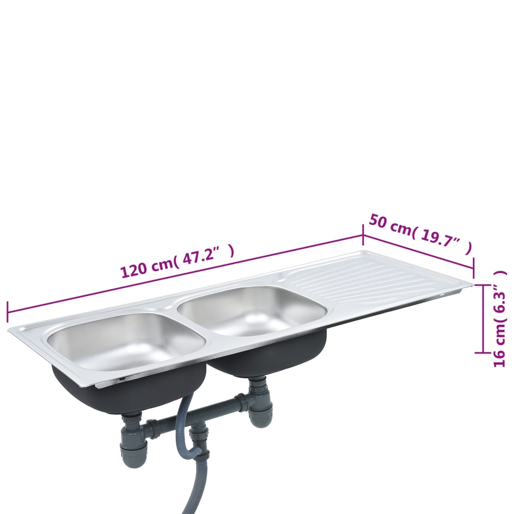 Gootsteen dubbele bak met afvoer en zwanenhals roestvrij staal 120 x 50 x 16 cm