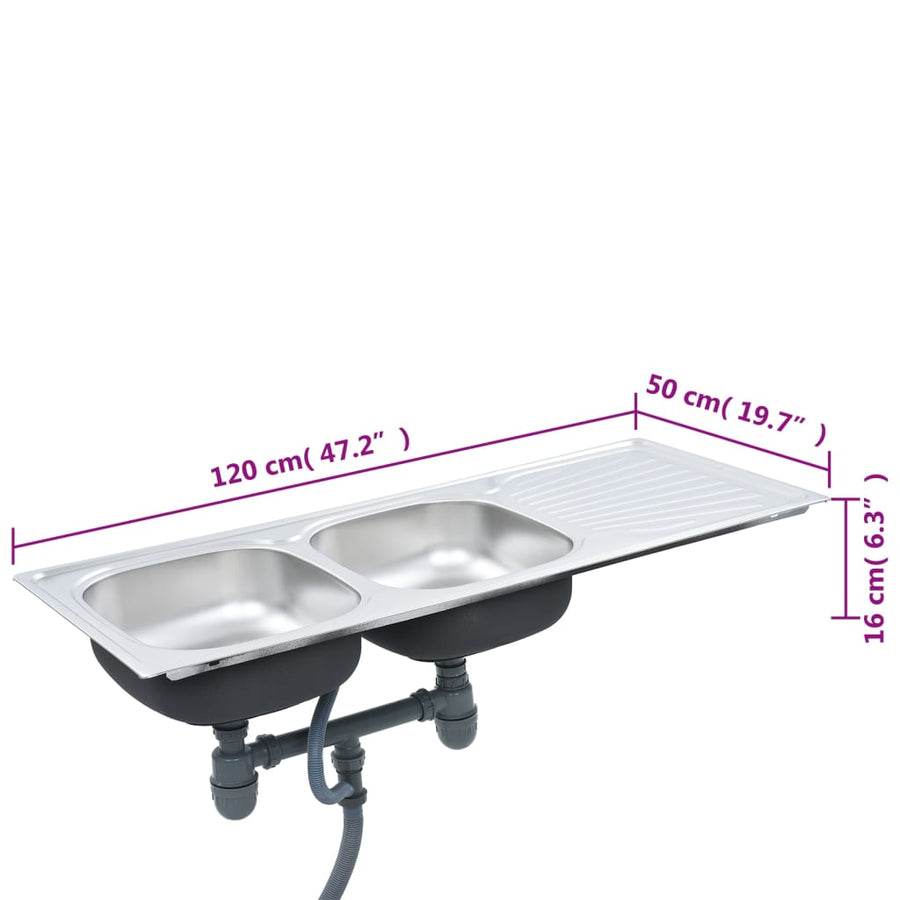 Gootsteen dubbele bak met afvoer en zwanenhals roestvrij staal 120 x 50 x 16 cm