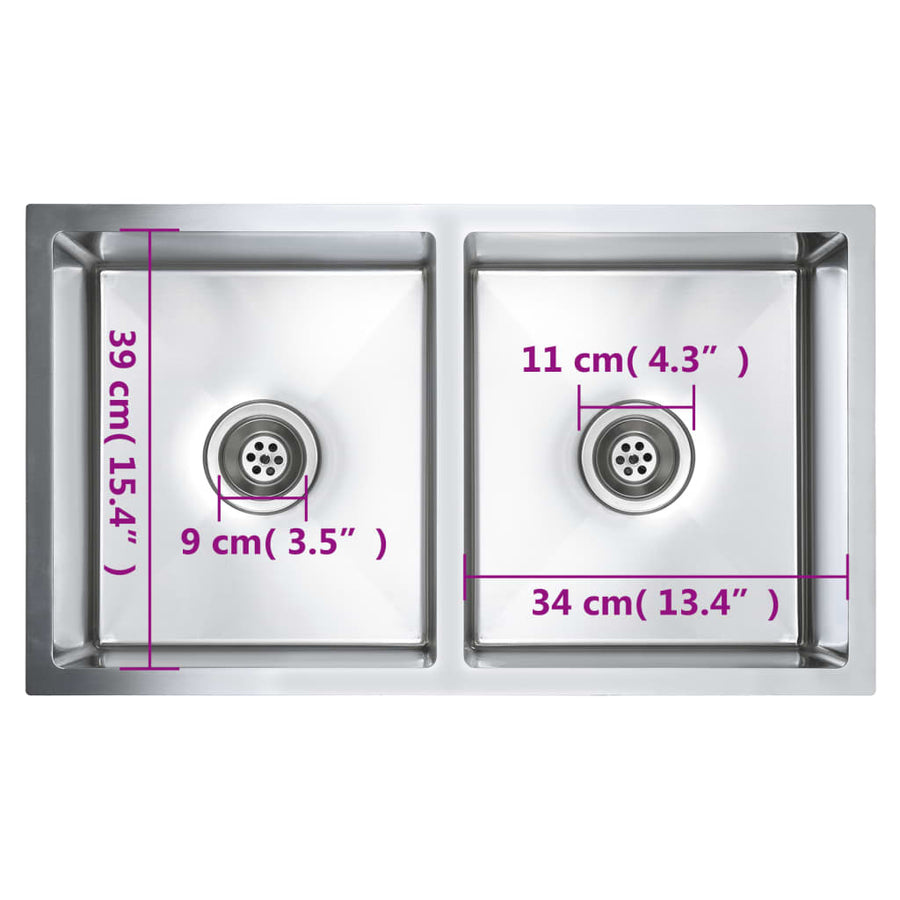 Gootsteen Handgemaakt Roestvrij Staal 76 x 44 x 20 cm (twee gootstenen) Zilver
