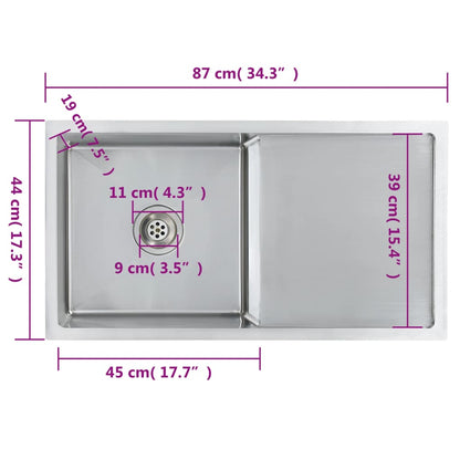 Gootsteen Handgemaakt Roestvrij Staal 87 x 44 x 20 cm (een gootsteen en wasbord) Zilver