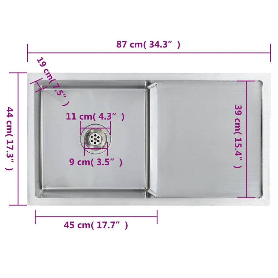 Gootsteen Handgemaakt Roestvrij Staal 87 x 44 x 20 cm (een gootsteen en wasbord) Zilver