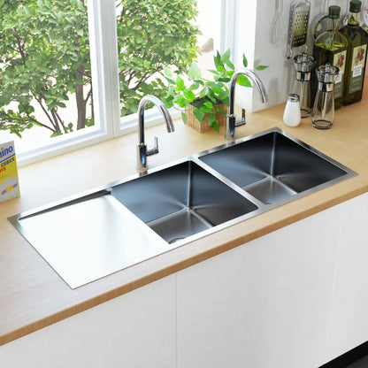 Gootsteen Handgemaakt Roestvrij Staal 111.5 x 44 x 20 cm (twee gootstenen en wasbord) Zilver