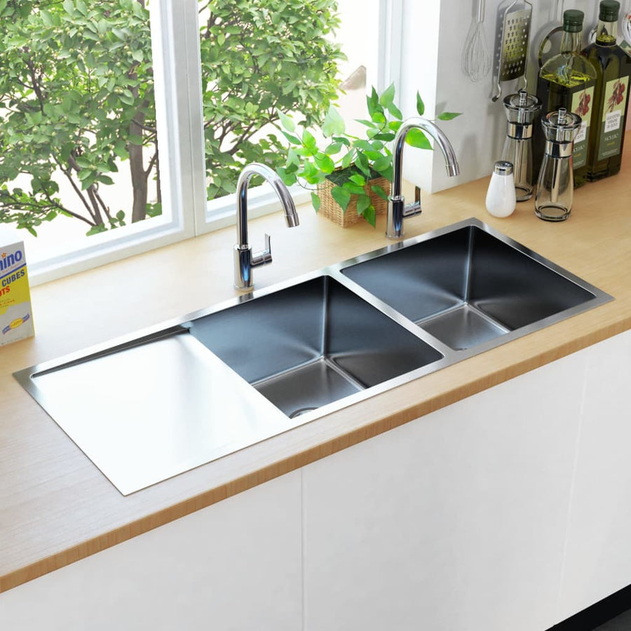 Gootsteen Handgemaakt Roestvrij Staal 111.5 x 44 x 20 cm (twee gootstenen en wasbord) Zilver
