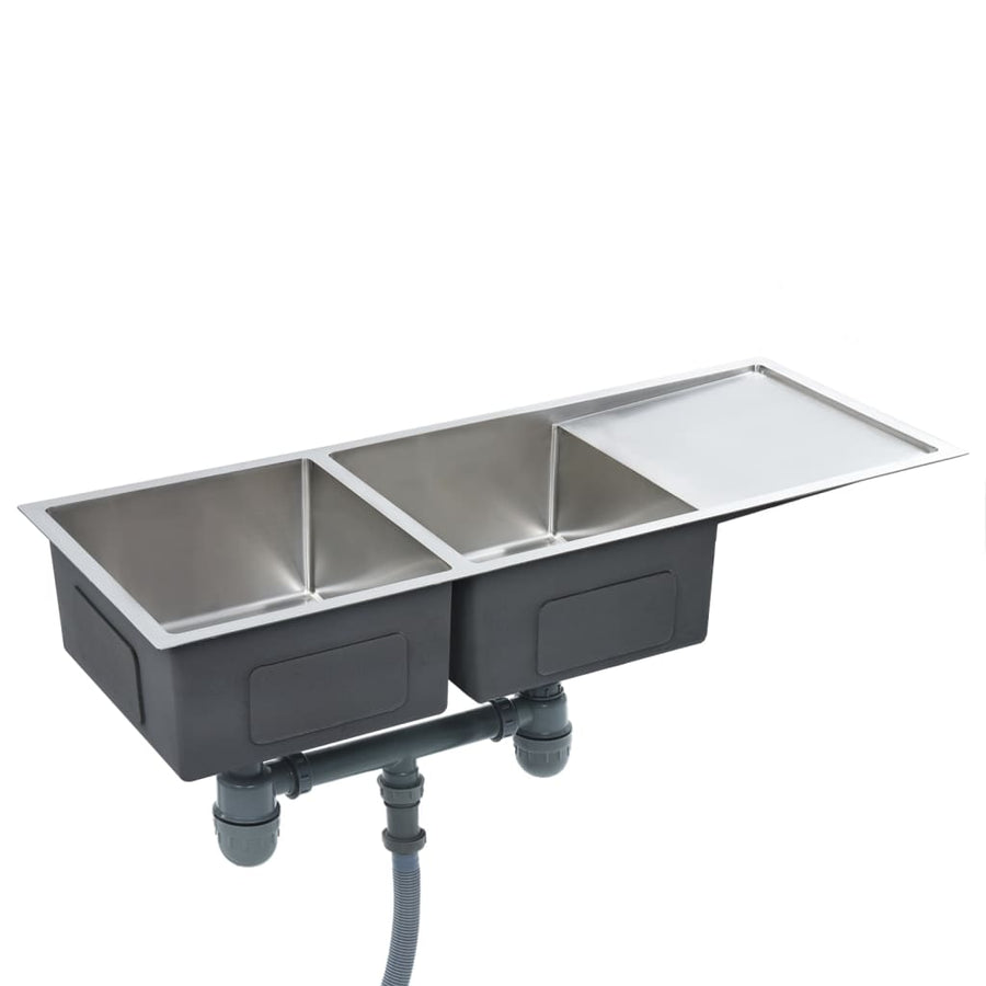 Gootsteen Handgemaakt Roestvrij Staal 111.5 x 44 x 20 cm (twee gootstenen en wasbord) Zilver