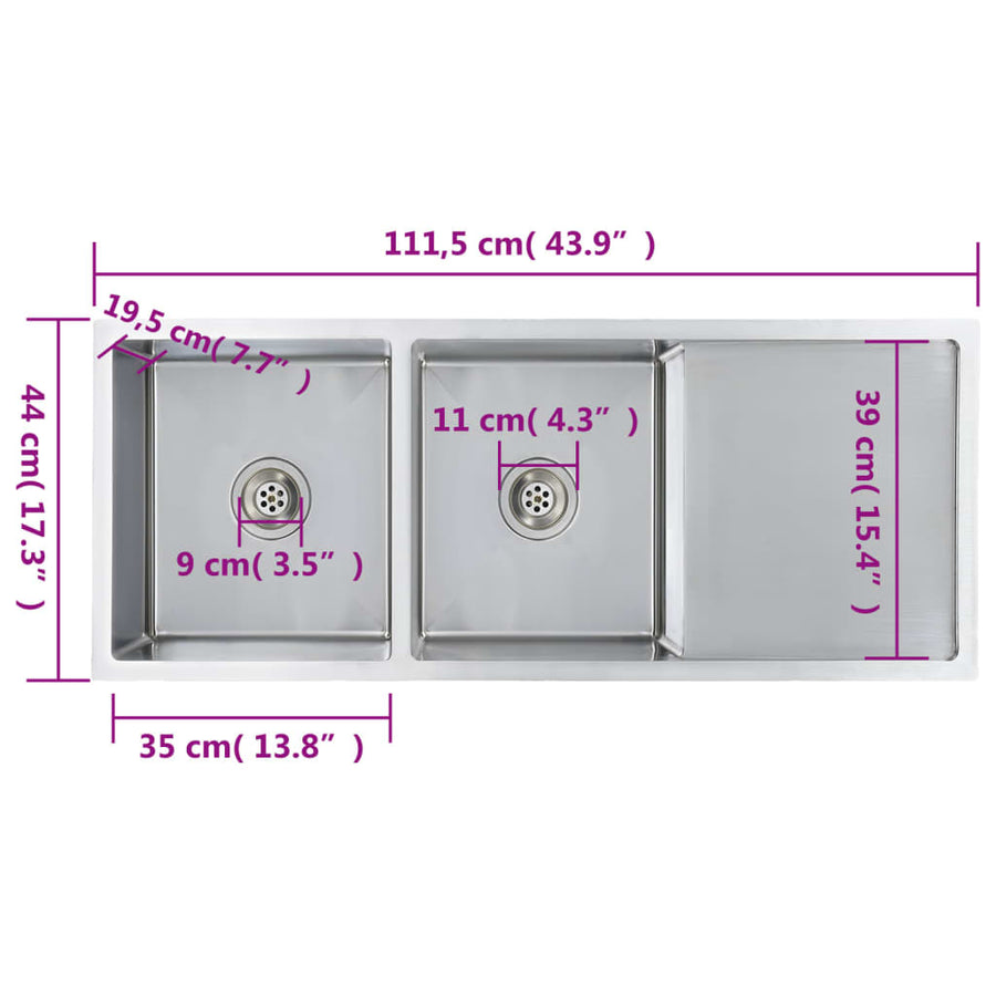 Gootsteen Handgemaakt Roestvrij Staal 111.5 x 44 x 20 cm (twee gootstenen en wasbord) Zilver
