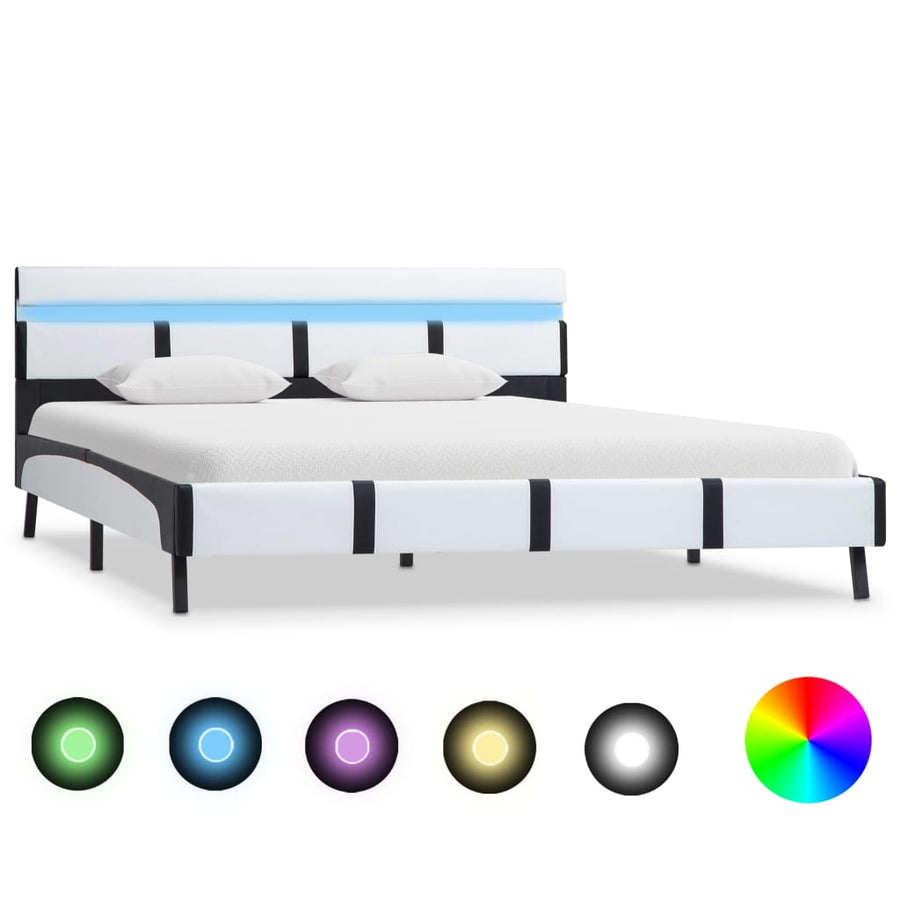 Bedframe Met Led Kunstleer 140 x 200 cm Wit en zwart
