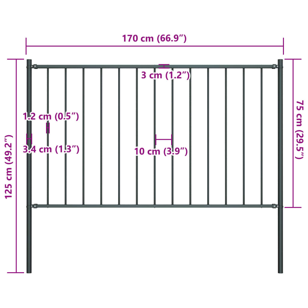 Hekpaneel met palen 1,7x0,75 m gepoedercoat staal antraciet 1.7 x 0.75 m Antraciet