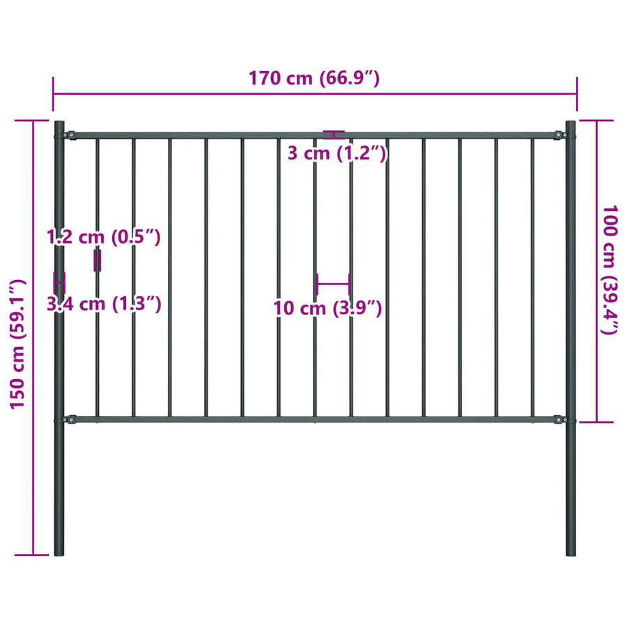 Hekpaneel met palen 1,7x1 m gepoedercoat staal antraciet 1.7 x 1 m Antraciet