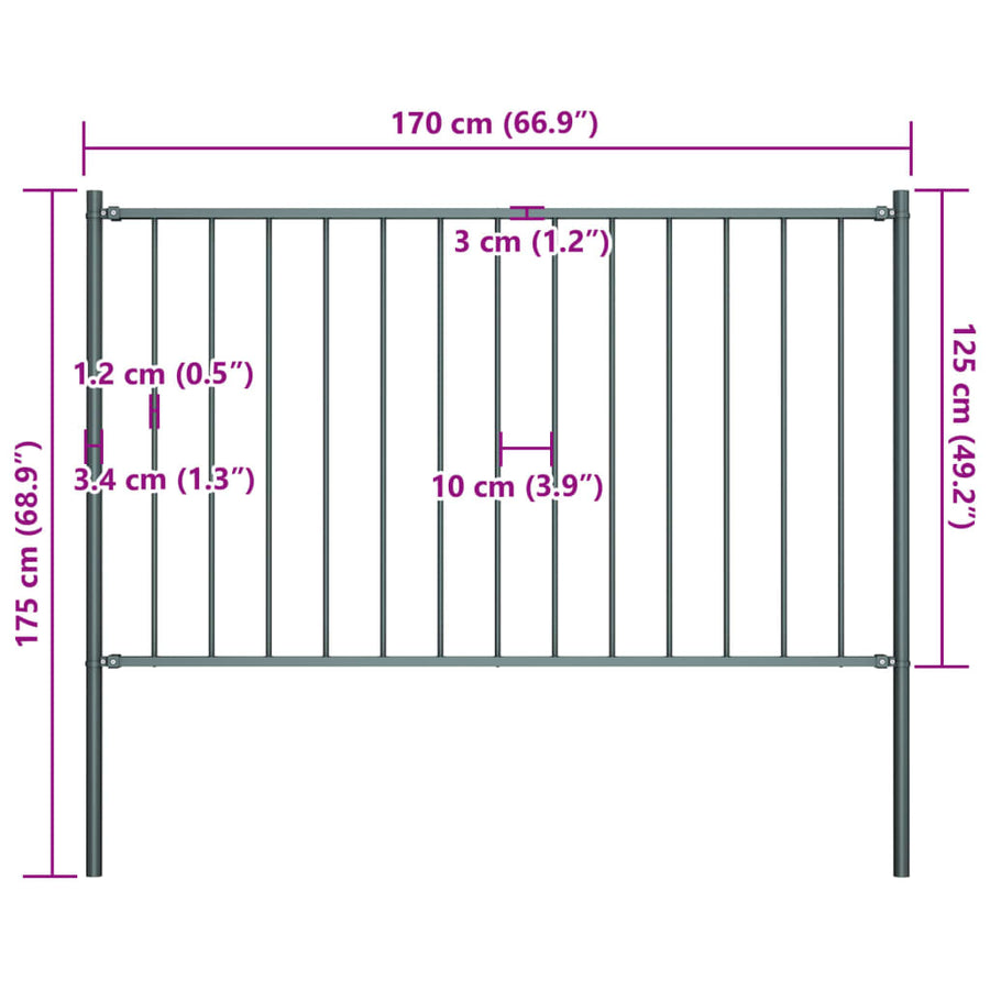 Hekpaneel Met Palen ,7X,25 M Gepoedercoat Staal 1.7 x 1.25 m Antraciet