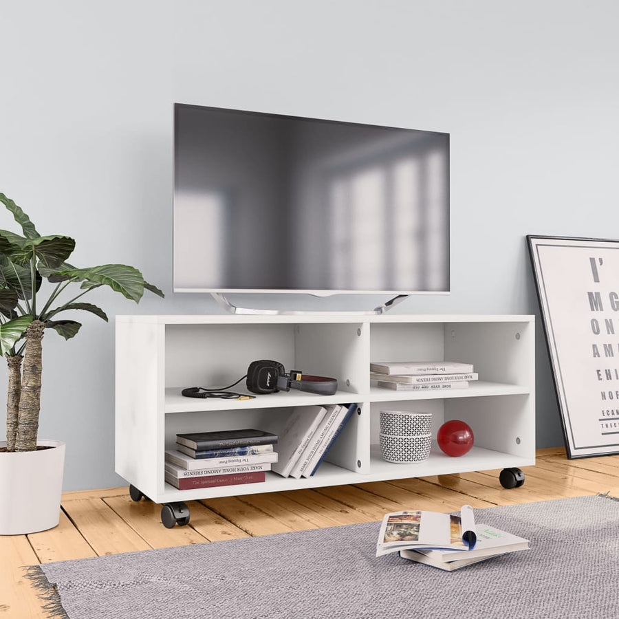 Tv-Meubel Met Wieltjes 90X35X35 Cm Bewerkt Hout Wit