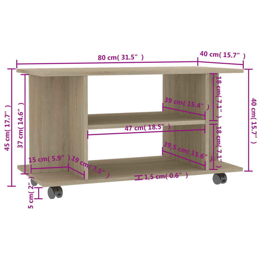 Tv-meubel met wieltjes 80x40x45 cm bewerkt hout sonoma eiken Sonoma eiken