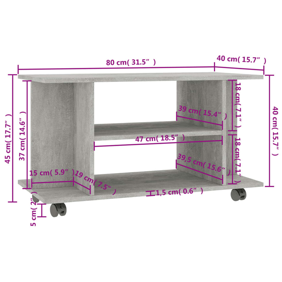 Tv-Meubel Met Wieltjes 80X40X40 Cm Spaanplaat Betongrijs