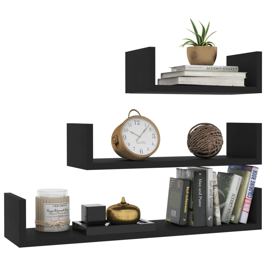 Wandschappen 3 st bewerkt hout zwart Zwart