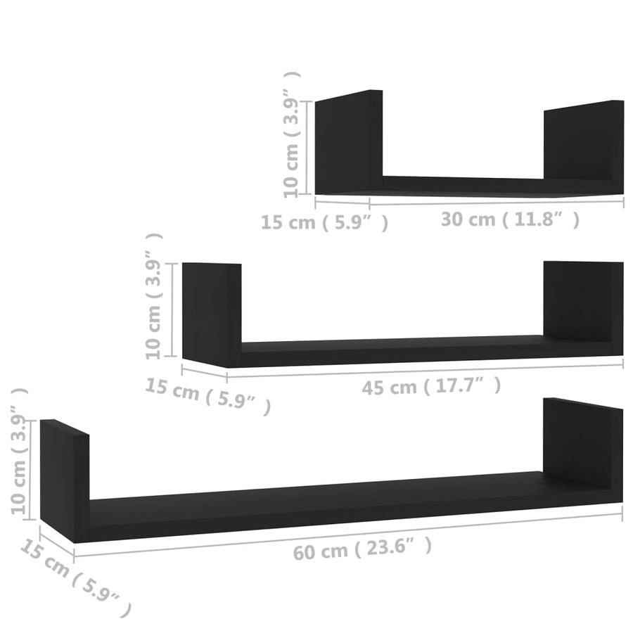 Wandschappen 3 st bewerkt hout zwart Zwart