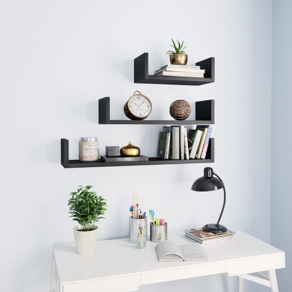 Wandschappen 3 st bewerkt hout zwart Zwart
