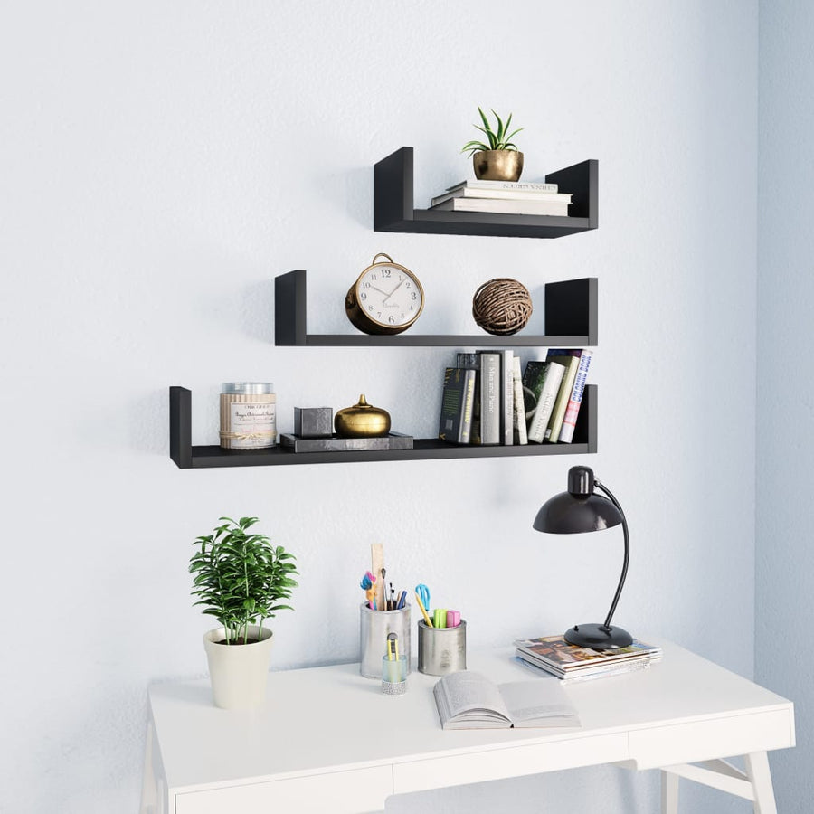 Wandschappen 3 st bewerkt hout zwart Zwart