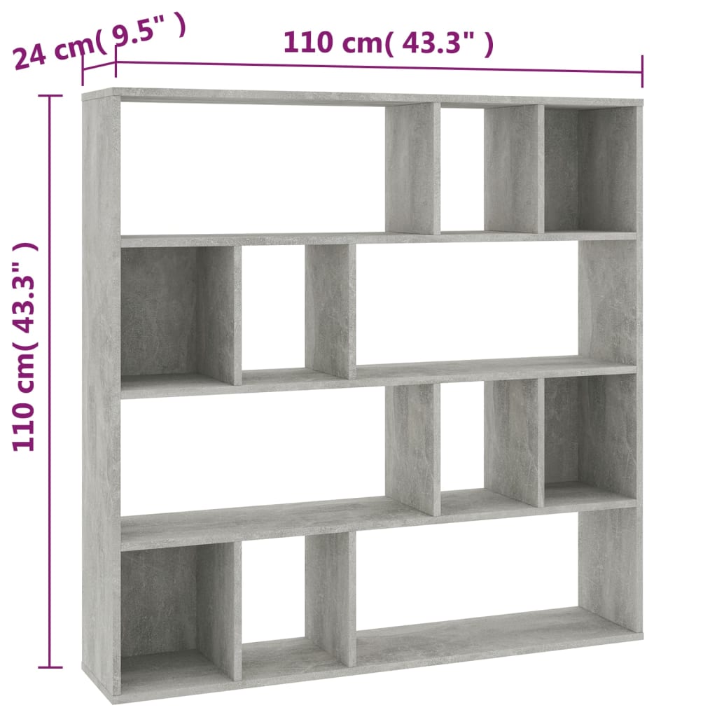 Kamerscherm/boekenkast 110x24x110 cm bewerkt hout betongrijs