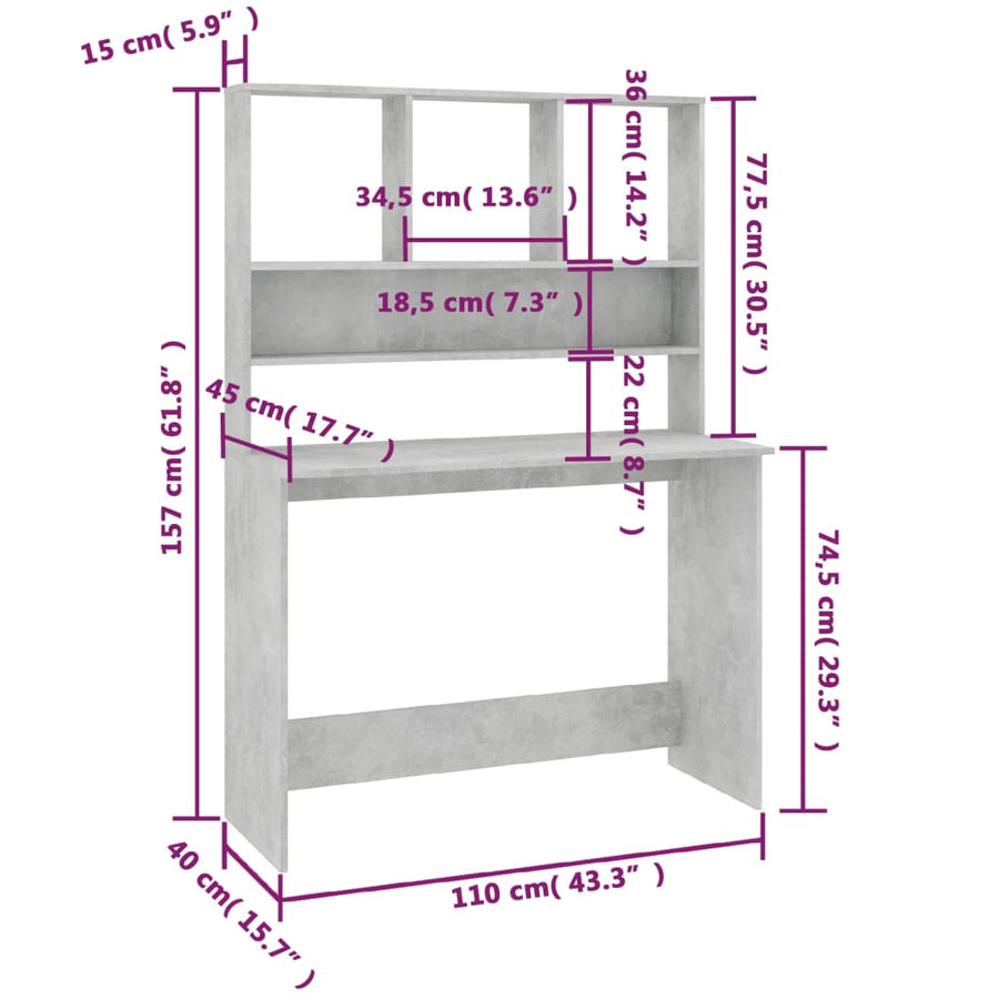 Bureau Met Schappen 110X45X157 Cm Bewerkt Hout Betongrijs