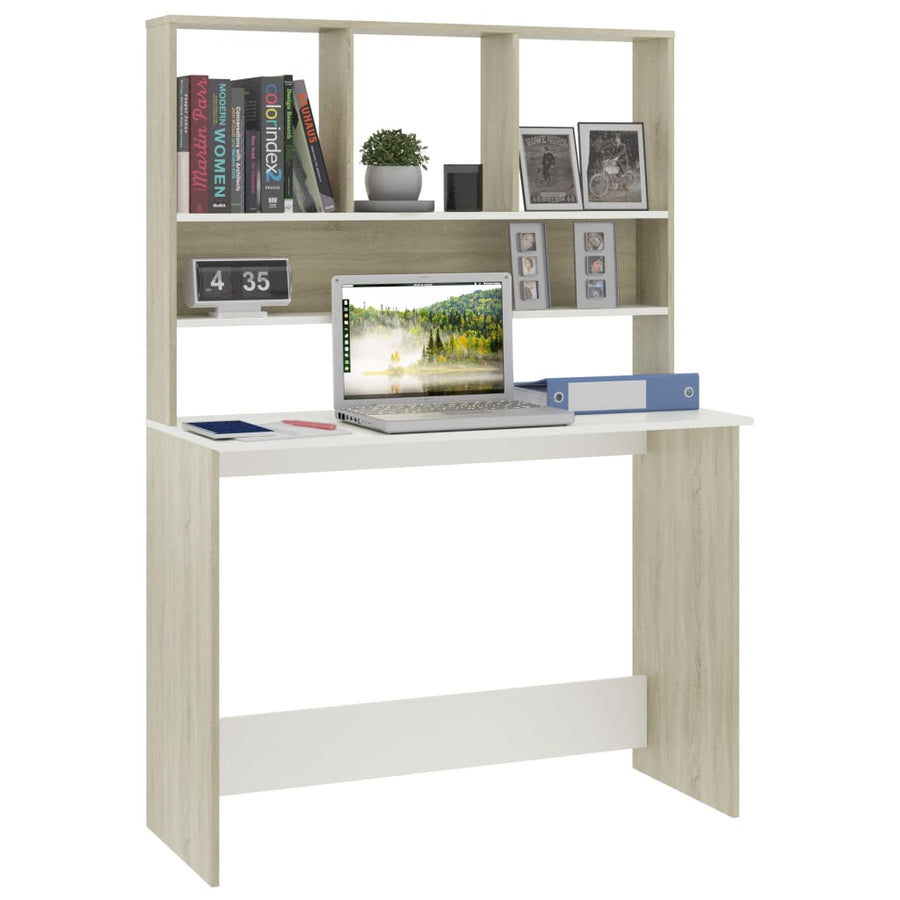 Bureau Met Schappen 110X45X157Cm Bewerkt Hout En Kleur Wit en sonoma eiken