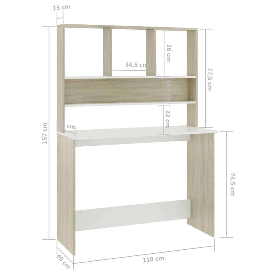 Bureau Met Schappen 110X45X157Cm Bewerkt Hout En Kleur Wit en sonoma eiken