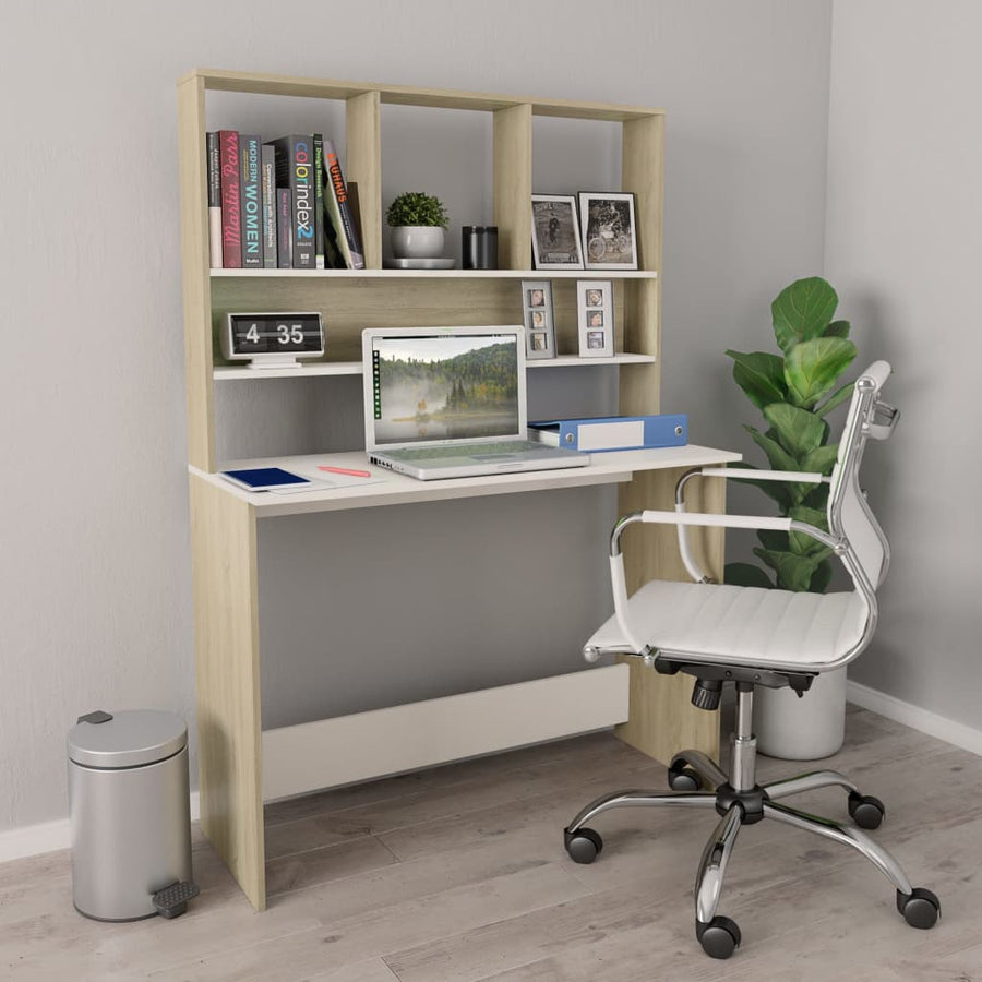 Bureau Met Schappen 110X45X157Cm Bewerkt Hout En Kleur Wit en sonoma eiken