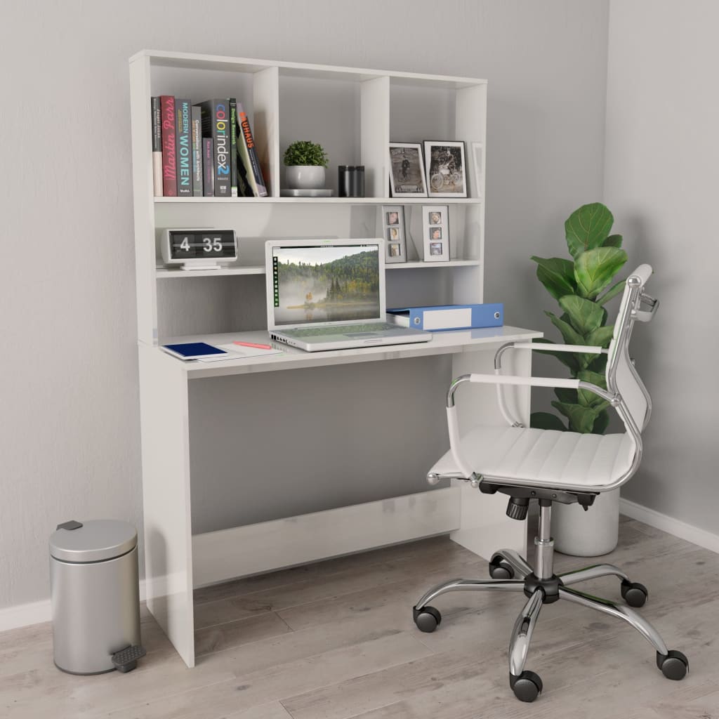 Bureau Met Schappen 110X45X157 Cm Bewerkt Hout Hoogglans wit